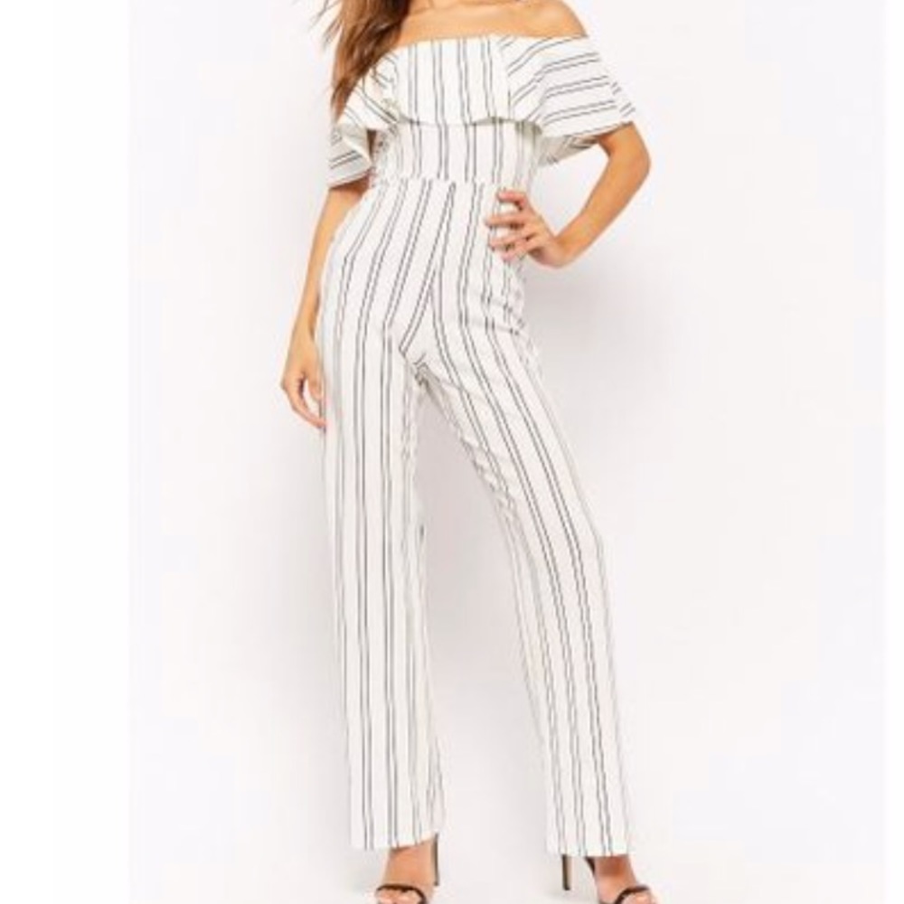 Striped black white ruffle jumpsuit